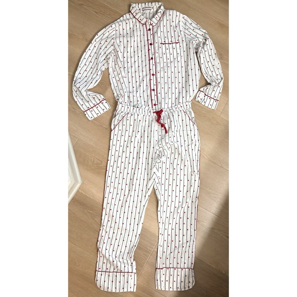 P.J. Salvage Heart Stripe Cotton Pajama Set Button Down Top Medium Pants Small